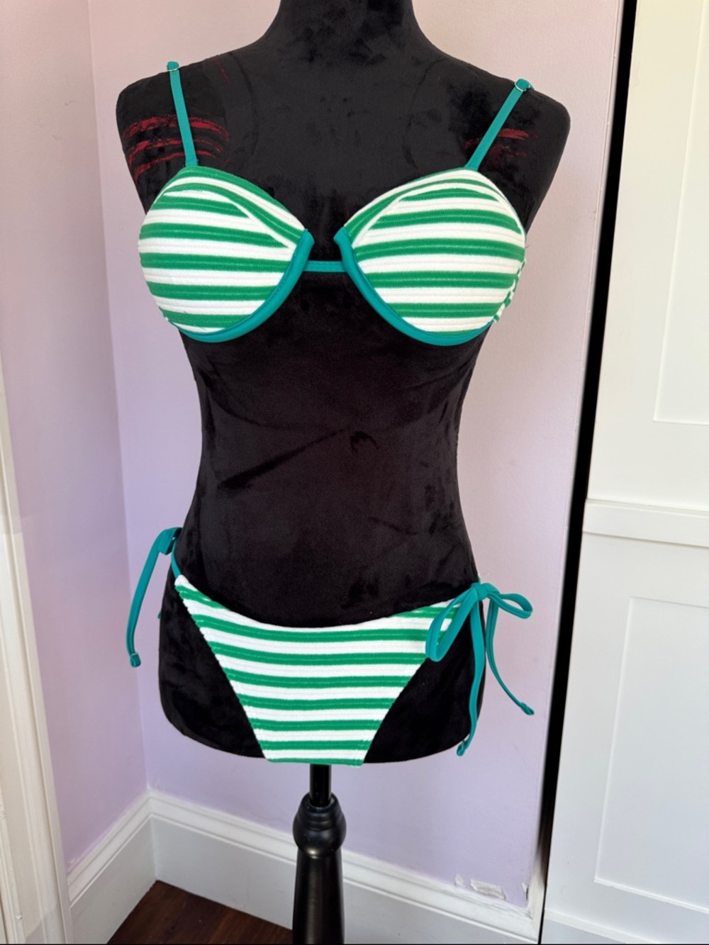 Striped Green & White Tie-Side Bikini